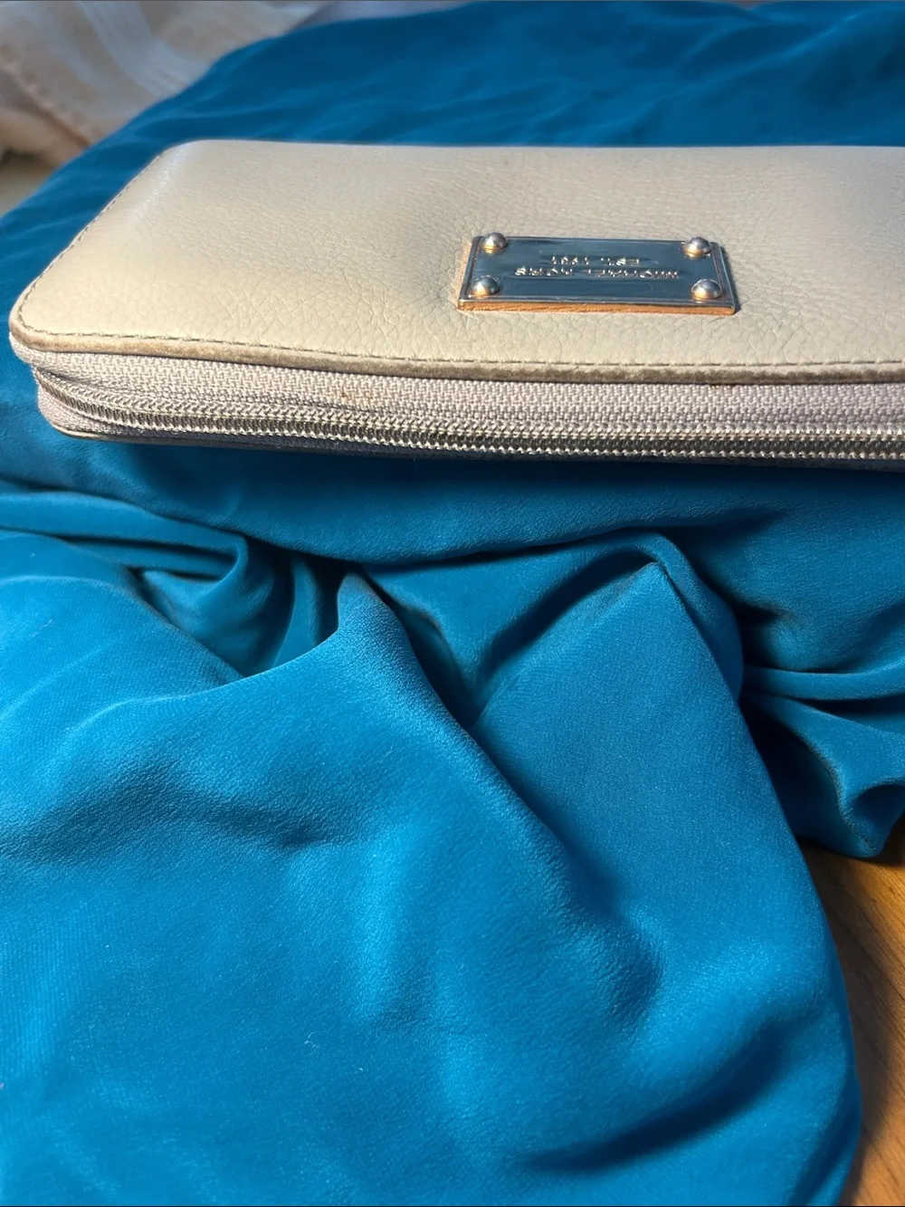 Michael Kors Cream Pebbled Leather Zip-Around Wallet with Gold Plate